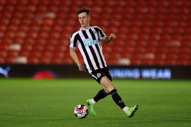 Joe White of Newcastle United U21 on the ball during the Papa John's Trophy match between Barnsley and Newcastle United U21 at Oakwell Stadium. (Photo by George Wood/Getty Images)