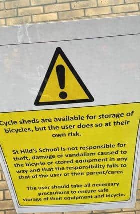 The sign installed at St Hild's school warning of the risk of bike thefts.