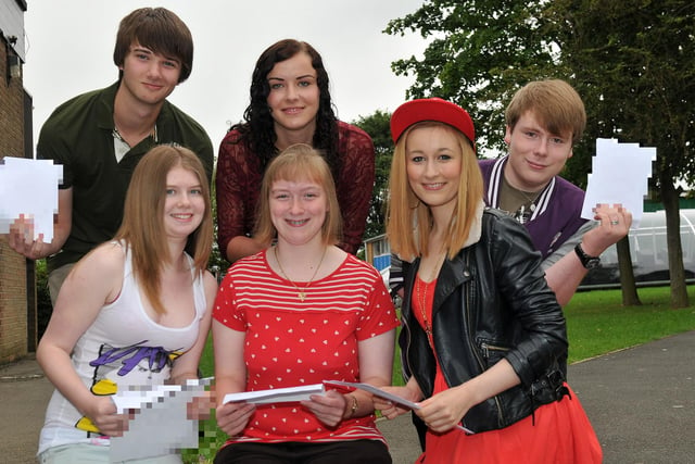 Manor College of Technology pupils (rear left to right) Oliver Walker-Tonks, Lily-May Kelsey and Matthew Appleyard (front left to right)  Eleanor Gregory, Kate Lawson and Laura Jenkins. with their GCSE exam results. Was it really 10 years ago?