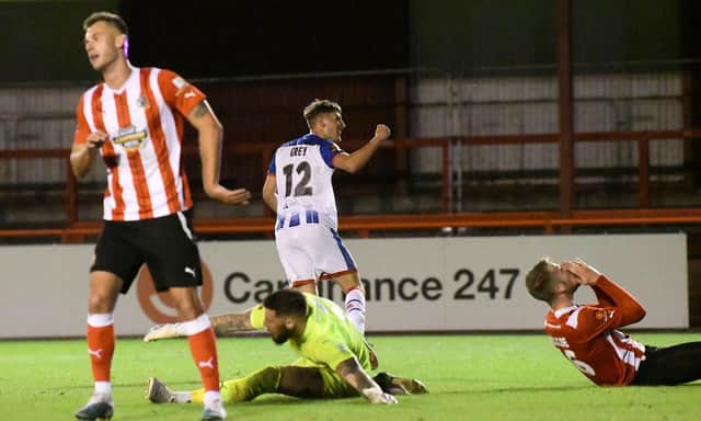 Joe Grey equalises for Hartlepool United at Altrincham. Picture by FRANK REID.
