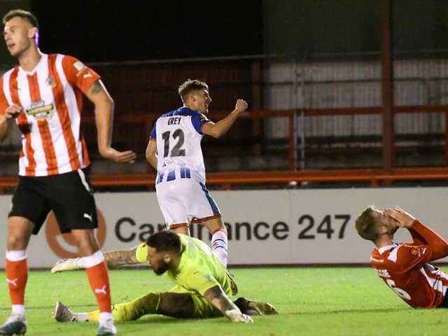 Joe Grey equalises for Hartlepool United at Altrincham. Picture by FRANK REID.