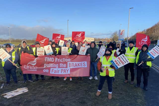 TMD Friction workers striking outside the Hartlepool factory on Monday, January 22. Photo: Frank Reid.