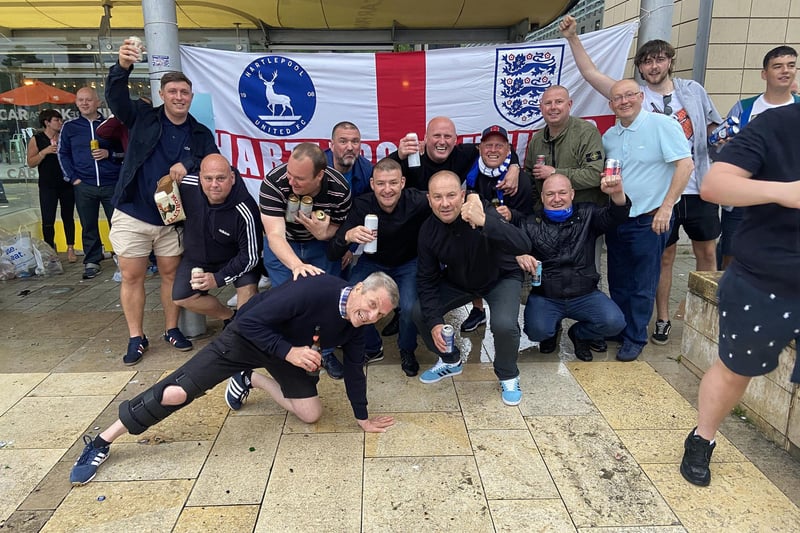 Hartlepool United supporters in Millennium Square, Bristol, ahead of the 2021 National League play-off final against Torquay United. Picture by FRANK REID