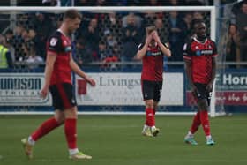 Hartlepool United players react to a Barrow Goal during the League Two match at Holker Street. (Credit: Michael Driver | MI News)