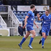 Hartlepool United's Rhys Oates celebrates after scoring their first goal   during the Vanarama National League match between Hartlepool United and Maidenhead United at Victoria Park, Hartlepool on Saturday 8th May 2021. (Credit: Mark Fletcher | MI News)