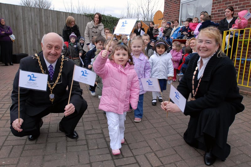 Youngsters from Noah's Ark Nursery were off on a sponsored walk 13 years ago with Deputy Mayor Coun Alex Donaldson and his wife Brenda there to see them off.