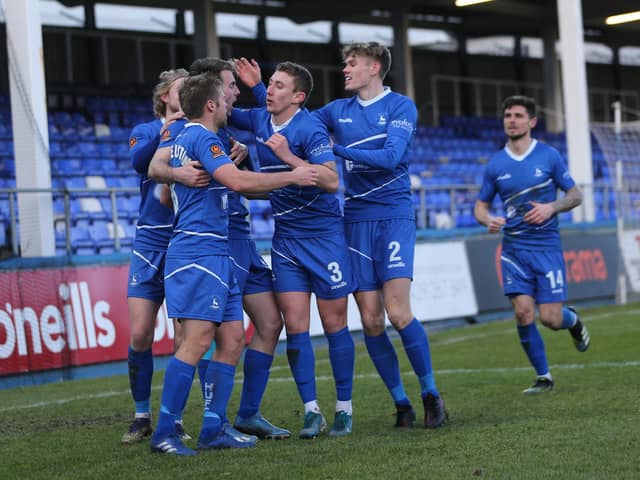 Hartlepool United's Rhys Oates celebrates with his team mates after scoring their first goal during the Vanarama National League match between Hartlepool United and Sutton United at Victoria Park, Hartlepool on Saturday 30th January 2021. (Credit: Mark Fletcher | MI News)