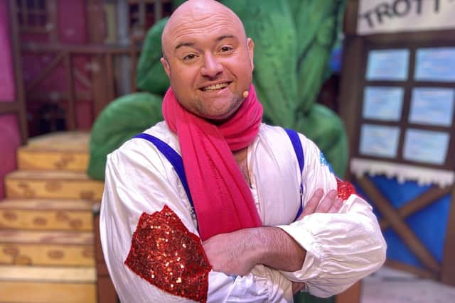 Danny Posthill, as Silly Billy, in Jack and the Beanstalk at Hartlepool Town Hall Theatre.