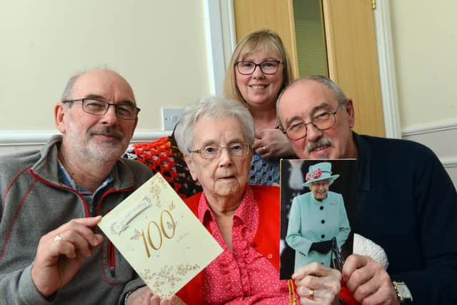 Field View Care Home resident Sheila Dunn celebrates her 100 birthday with children Adrian Dunn, Sheila Wood and Keith Dunn.