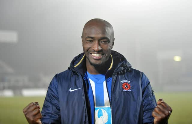 Hartlepool United match winner  Marvin Morgan celebrates at the end of  the 1-0 win over Northampton in 2015. Picture by FRANK REID