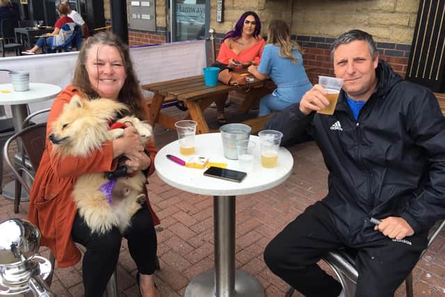 Julie Graham and Paul Judd enjoying a drink at Rosie's on Hartlepool marina on Saturday.