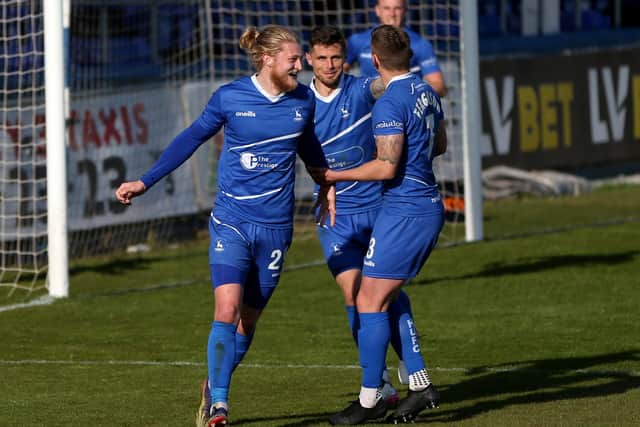 Luke Armstrong of Hartlepool United celebrates after putting his team 3-0 up during the Vanarama National League match between Hartlepool United and Chesterfield at Victoria Park, Hartlepool on Saturday 1st May 2021. (Credit: Chris Booth | MI News)