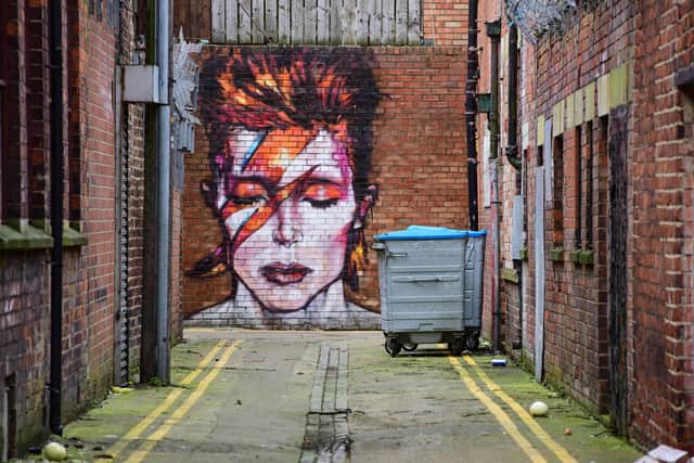 The David Bowie mural, in Whitby Street, Hartlepool, appears in Michael Gallagher's new video.