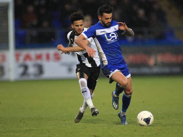 Macauley Southam-Hales  of Hartlepool United in action with Notts County's Dion Kelly-Evans during the Vanarama National League match between Hartlepool United and Notts County at Victoria Park, Hartlepool on Saturday 22nd February 2020. (Credit: Mark Fletcher | MI News)