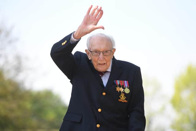 War veteran Captain Tom Moore after he achieved his goal of 100 laps of his garden. Photo: Joe Giddens/PA Wire.