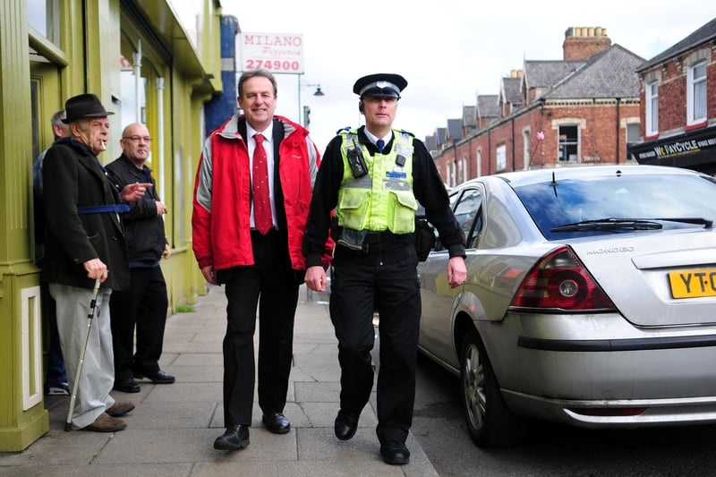 PCSO Graham Handley and Barry Coppinger, the former Police and Crime Commissioner for Cleveland, take to the streets in Murray Street in 2014.