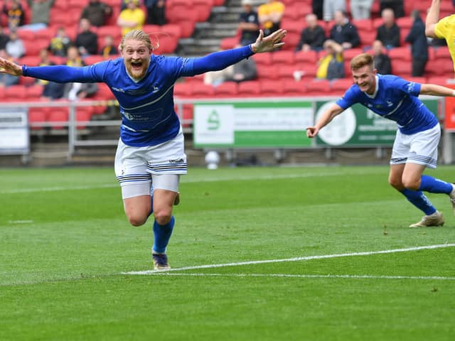 Luke Armstrong celebrates his goal for Hartlepool United against Torquay United.
