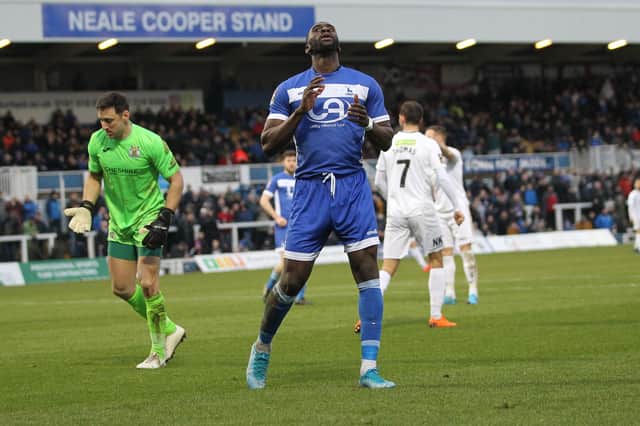 Gime Toure of Hartlepool United rues a missed chance during the Vanarama National League match between Hartlepool United and Stockport County at Victoria Park, Hartlepool on Saturday 25th January 2020. (Credit: Mark Fletcher | MI News)