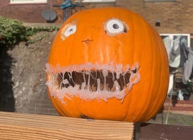 This pumpkin is positively drooling at the thought of Halloween. Celebrating National Pumpkin Day and Halloween with Pandora Lou Stewart.