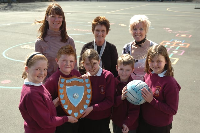 Lucie Hindhough, Lee Burdon, Chloe Irvine, Leon Henderson and Chloe May, with Elaine Irvine, Gwen Hogan-Teal and Janice Hudson at the launch of a new Catholic school netball league in 2008.