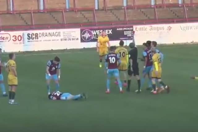 Luke Molyneux was shown a straight red card after coming on as a substitute (photo: Weymouth FC)