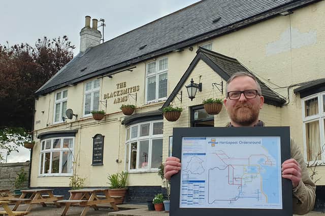 Steve Lovell with a copy of his map outside Hartlepool's Blacksmiths Arms.