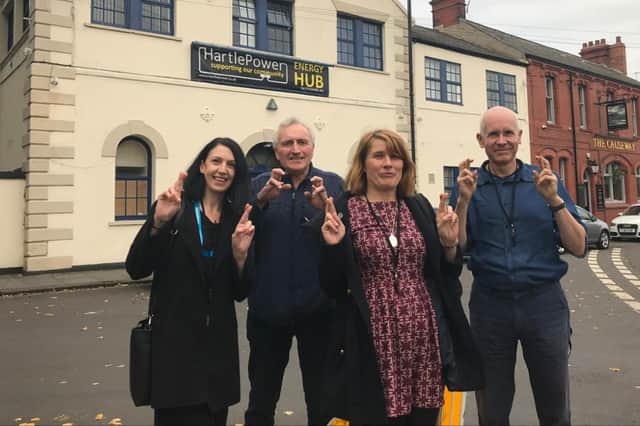 Hartlepower staff and voluntary sector support workers (from left) Clair Gilbraith, Peter Gowland, Juli Simons and Julian Penton outside the Energy Hub.
