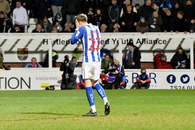 Tom Crawford missed his penalty as Hartlepool United were beaten by Rotherham United in the EFL Trophy semi-final. 09-03-2022. Picture by FRANK REID