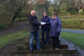 Statue fundraiser Stephen Close receives the final donations to reach £25,000 from Jane Rollo, of the Friends of Friends of Ward Jackson Park, and Anne Brown, from the Friends of Hartlepool Wild Green Spaces.