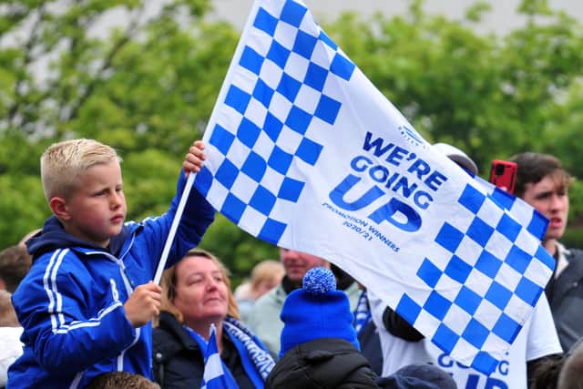 Fans celebrating Hartlepool United’s promotion bus tour at the Civic Centre. Picture by Bernadette Malcolmson