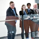 MP Bridget Phillipson (right) at High Tunstall College of Science with (left to right) Labour candidate for Hartlepool Jonathan Brash, deputy head girl Nina Bunter, deputy head boy Sahaj Mitta and headteacher Mark Tilling. Picture by FRANK REID