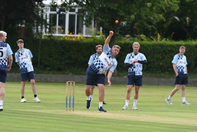 Hartlepool United manager Dave Challinor warming up before the charity cricket match in memory of Danny Shurmer.