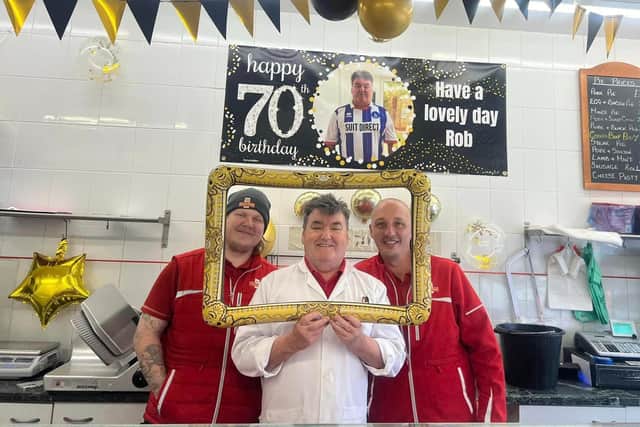 Robert Moore (centre) of Robert Moore's Butchers, celebrated his 70th birthday surrounded by customers, including Royal Mail workers who jumped at the opportunity to get a photo with Robert.