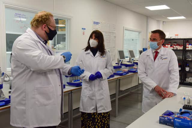 Hart Biologicals managing director Alex Ebinger, left, with Labour Shadow Chancellor Rachel Reeves and Hartlepool by-election candidate Dr Paul Williams during their Tuesday visit.