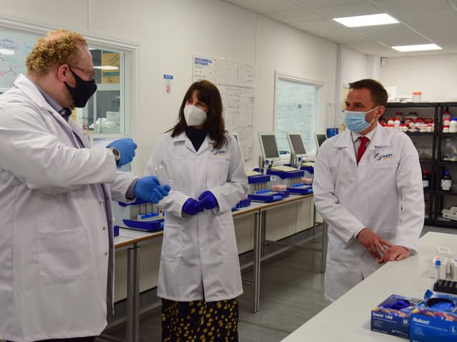 Hart Biologicals managing director Alex Ebinger, left, with Labour Shadow Chancellor Rachel Reeves and Hartlepool by-election candidate Dr Paul Williams during their Tuesday visit.