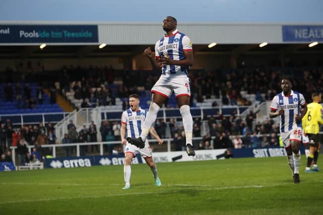 Josh Umerah scored from the penalty spot as Hartlepool United moved into the third round of the FA Cup against Harrogate Town. (Credit: Mark Fletcher | MI News)