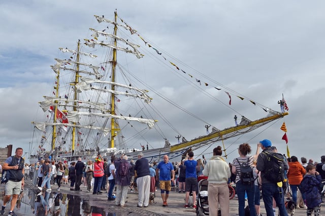 Visitors wave off the Bima Suci as it leaves the Victoria Dock on the last day of the Tall Ships. Picture by BERNADETTE MALCOLMSON