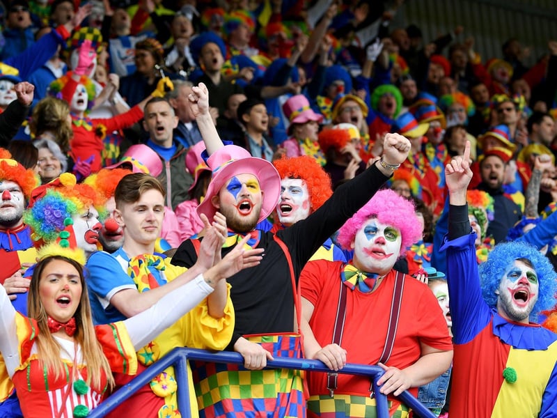 Clowns invade Tranmere in 2018.