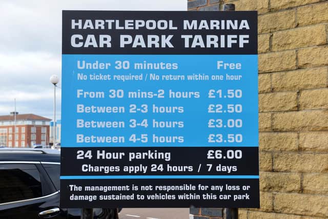 The parking charge tariff board at Hartlepool Marina.