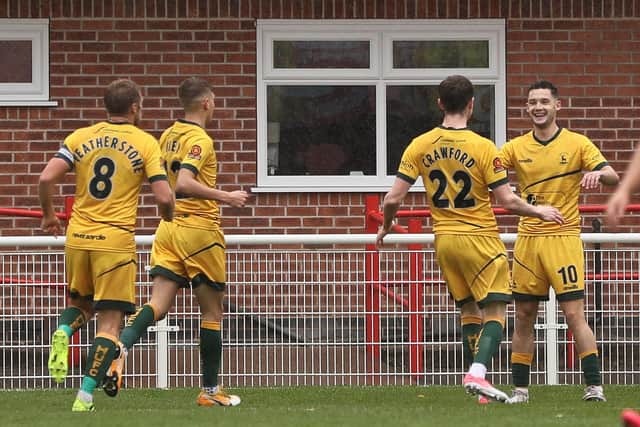 Luke Moluneux of Hartlepool celebrates with team mates after scoring a goal during the FA Cup Fourth Qualifying Round match between Ilkeston Town and Hartlepool United at the New Manor Ground, Ilkeston on Saturday 24th October 2020. (Credit: James Holyoak | MI News)