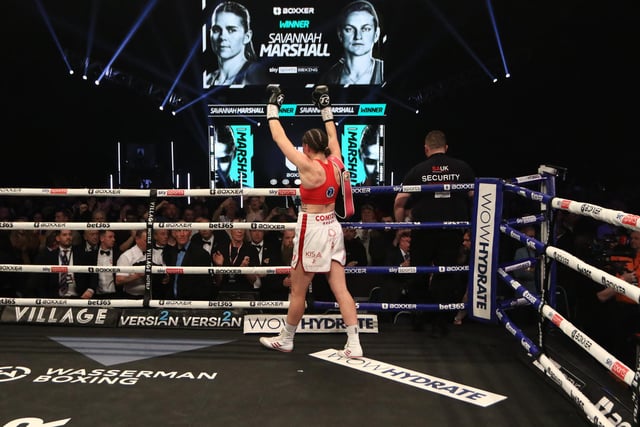 Savannah Marshall celebrates the defence of her WBO middeweight title. Picture by Martin Swinney