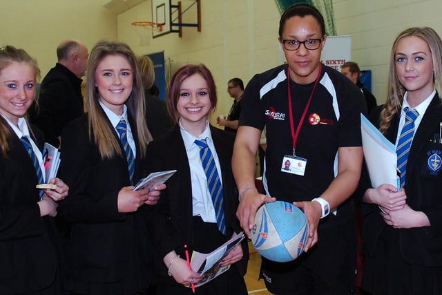 Back to 2013 where Hartlepool Sixth Form PE Teacher and Irish international rugby player Sophie Spence was pictured with St Hilds School pupils during a Careers Day.