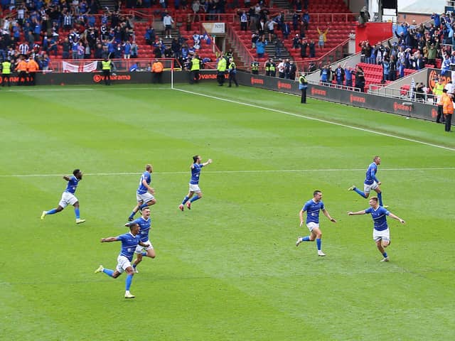 Hartlepool United players celebrate after winning the shoot-out and promotion after the Vanarama National League play-off final at Ashton Gate, Bristol.