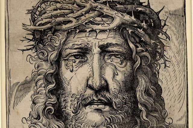 Hans Burgkmair the Elder (1473–1531) produced this piece of the head of Christ crowned with thorns in woodcut on paper.