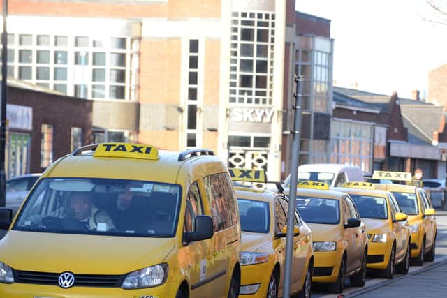 Yellow taxis on Avenue Road, Hartlepool.