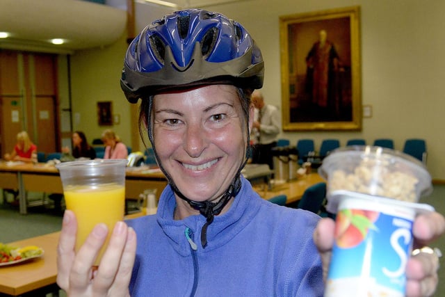 Hartlepool Borough Council staff member Sharon Nottingham with her "Sir Chris Hoy" breakfast after taking part in the National Cycle To Work Day event in 2015.