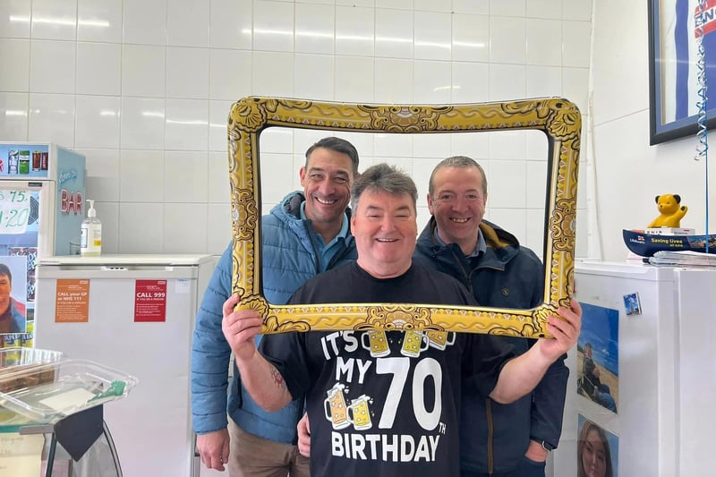 Customers, friends and family come to Robert Moore's Butchers to say happy 70th birthday to Robert Moore.