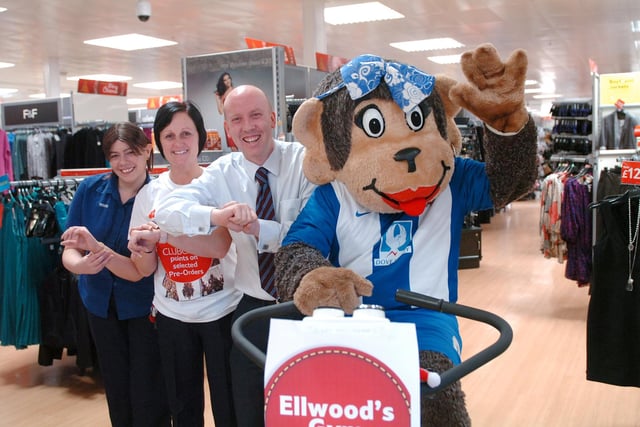 Pools mascot Victoria helped with a charity bike ride in this Tesco scene from 2009. Also pictured are store manager Trevor Howe and staff members Selina Wilson and Jan Palliser.