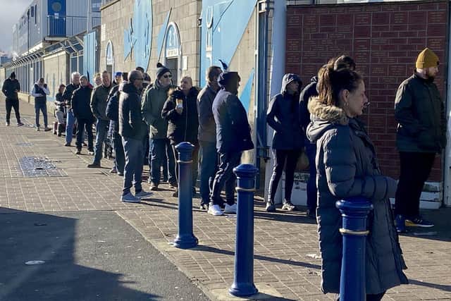 Hartlepool United supporters queue outside of the Suit Direct Stadium to buy tickets for the Papa John's Trophy semi-final game against Rotherham United. Picture by FRANK REID