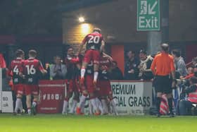Danny Rose celebrates with team mates after scoring for Stevenage, to take the lead making it 1 - 0 against Hartlepool United. (Credit: John Cripps | MI News)
